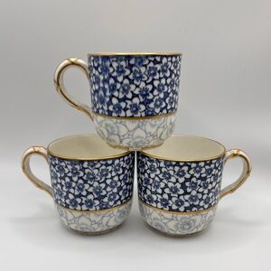 Rare Antique Royal Worcester Blue/White Floral Porcelain Demitasse Cups Set of 3